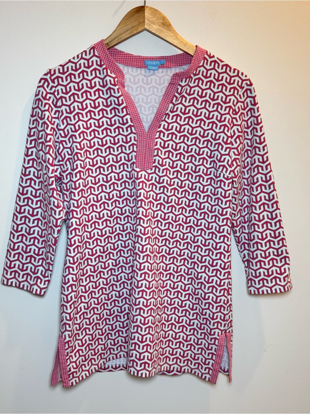 J. MCLAUGHLIN Pink White Geometric Print V Neck Tunic Top Size Small